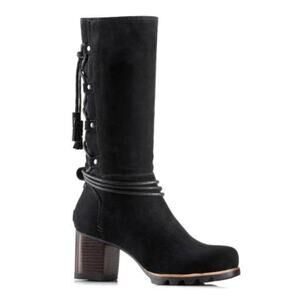 Sorel Farah Black Suede Leather Mid Calf Tall‎ Lace Up Tassel Boots Size 11